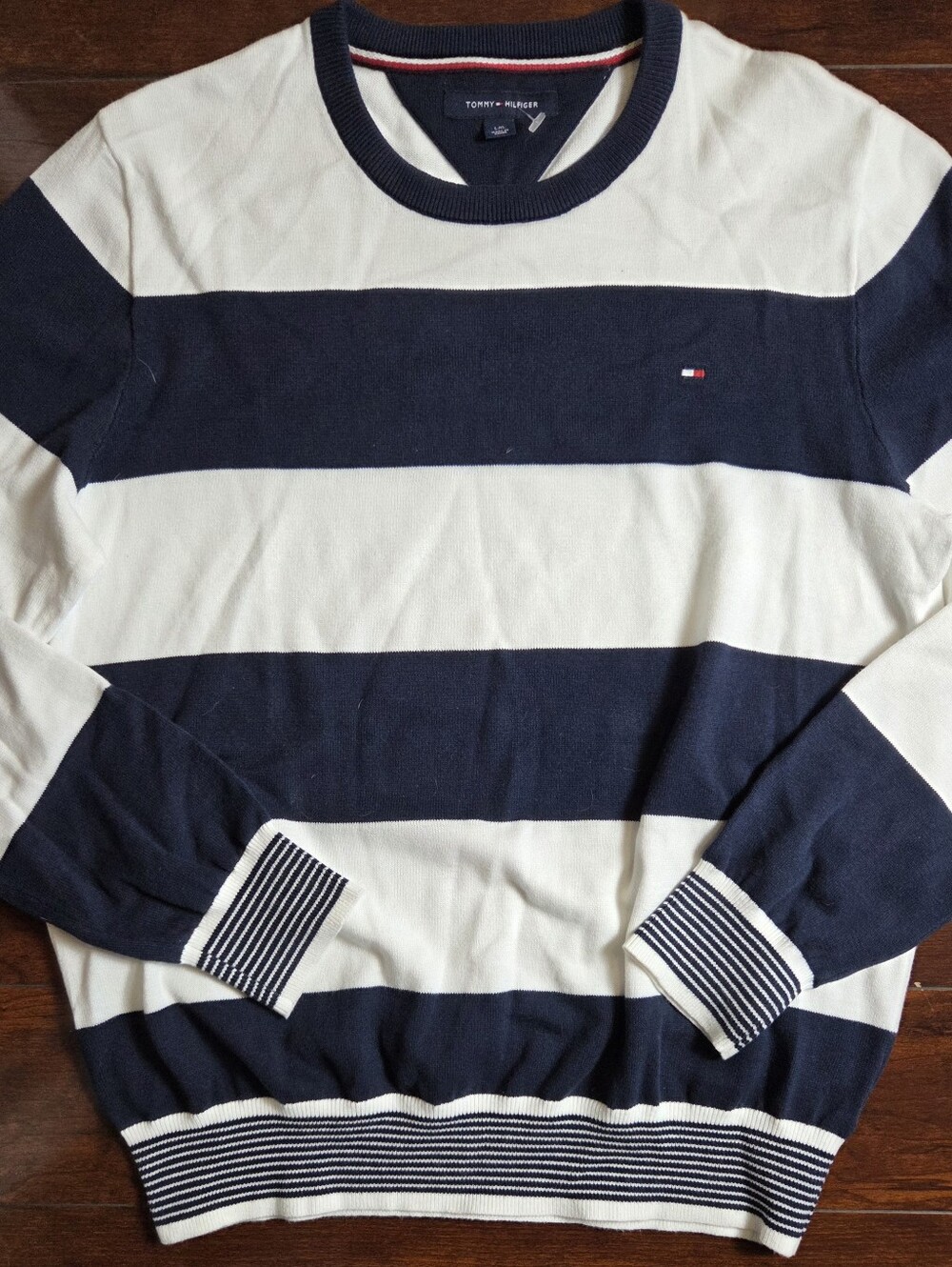 Tommy Hilfiger Men’s Navy and White Striped Crewneck Sweater